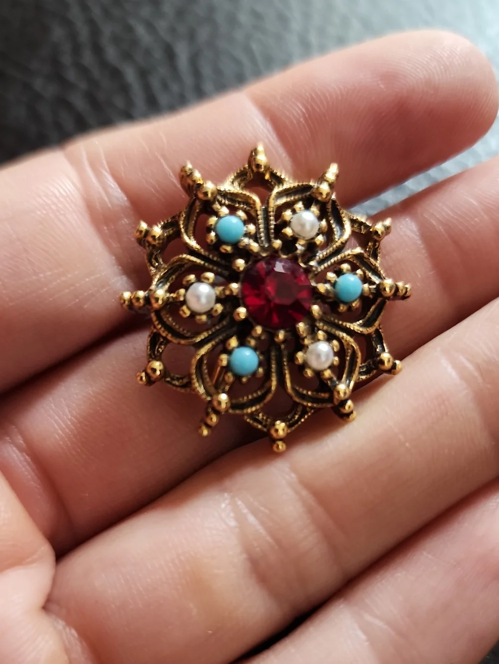 VTG Gold-Tone Floral Brooch with Red Crystal and Turquoise Accents